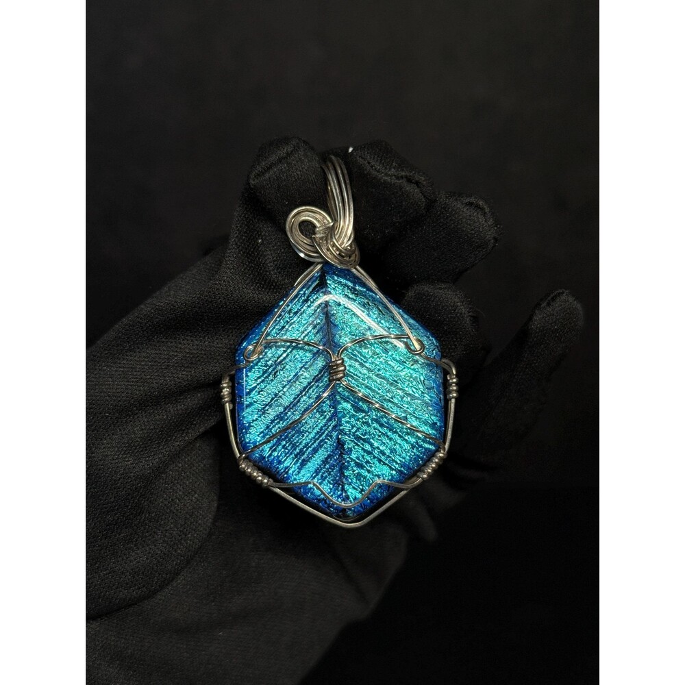 Sterling Silver Wire Wrapped Blue Art Glass Pendant Large Iridescent Leaf Signed
